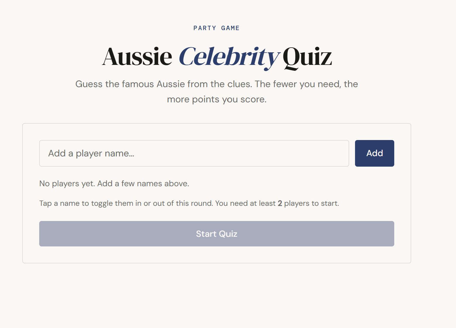 Aussie Celebrity Quiz lobby screenshot