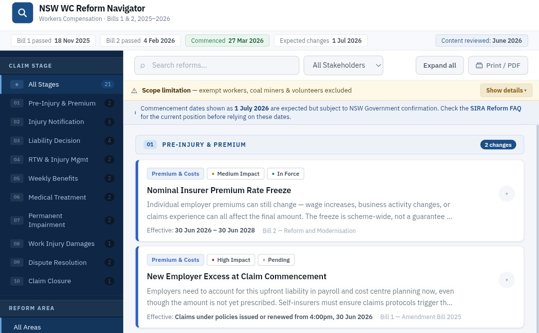 NSW Workers Compensation Reform Navigator screenshot